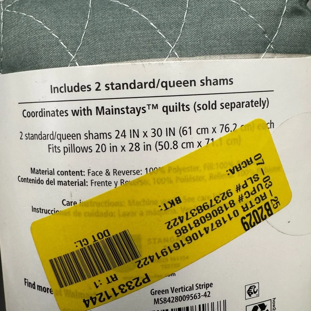 Mainstays Quilted Pillow Sham S/Q Green Vertical Stripes Essential 24